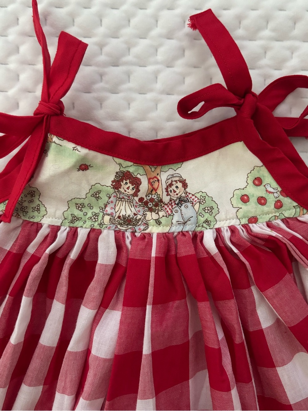Vintage Handmade Raggedy Ann and Andy Yoke & Lace Trim Dress Size 6-12 months